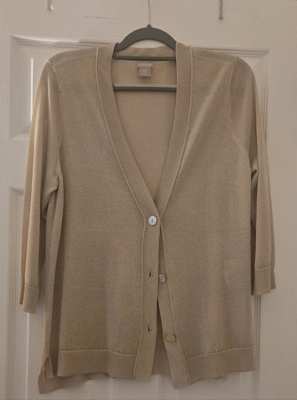 EUC~ STUNNIG Chico's Gold Metallic Shimmer V-Neck Cardigan Sweater~ SIZ2 2/Large